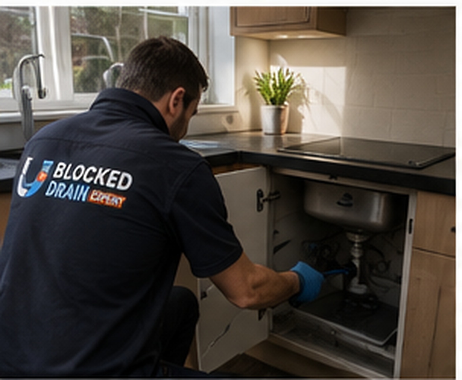 Drainage engineer working beneath a kitchen sink